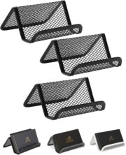 DailyPaperie Industrial Mesh Business Card Stands – 3 Pack Durable Stainless Steel Holders, Sleek Black Finish for Desks, Offices & Retail Displays, Multi-Functional Tech & Stationery Organizer